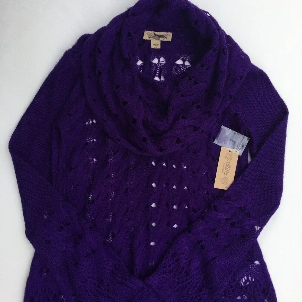 Nine West Womens Sweater sz XS Plum Purple Cowl Neck Open Thin Knit Long Sleeve - Picture 5 of 12